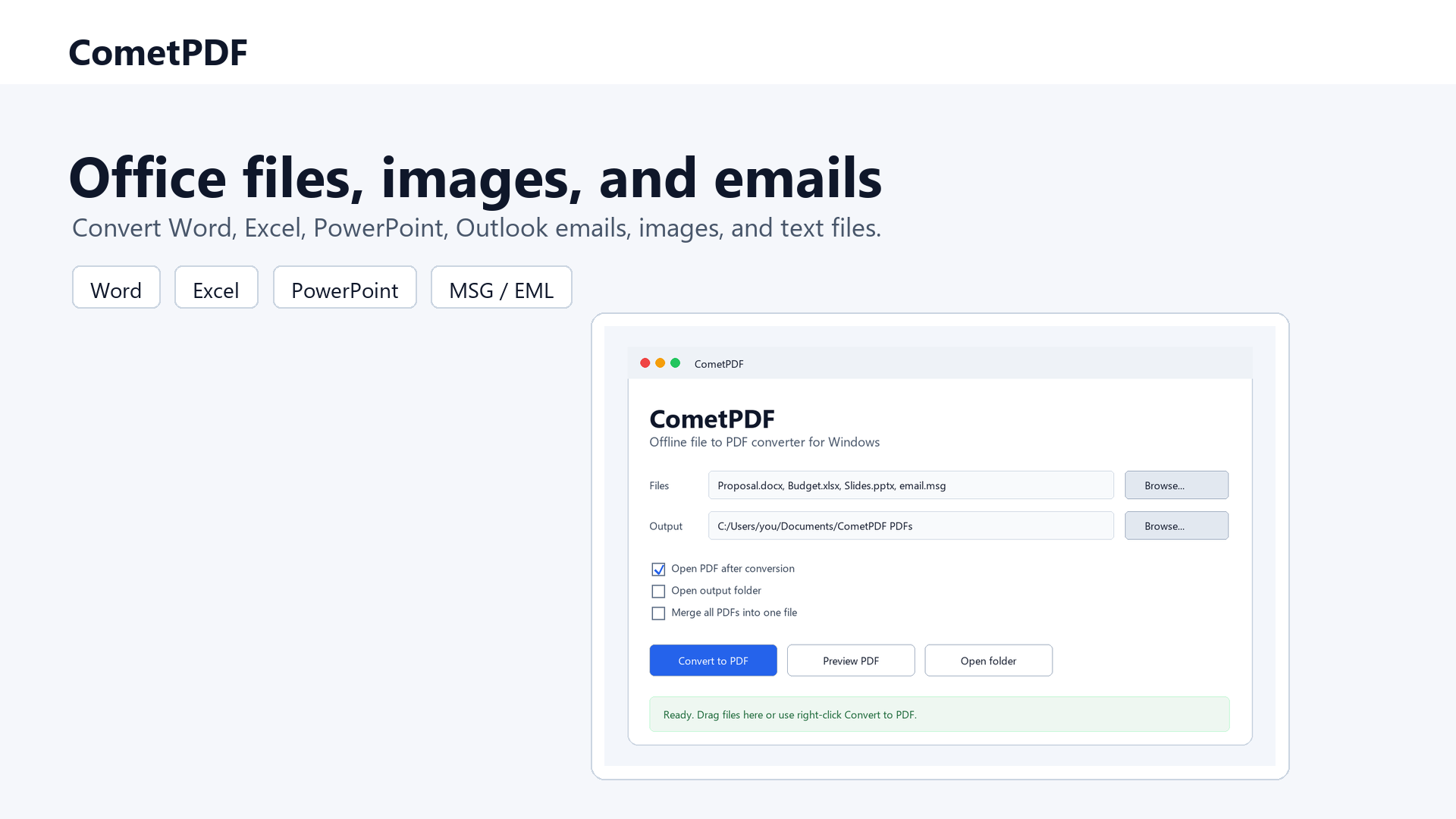 CometPDF converting Office files and Outlook MSG or EML emails to PDF on Windows